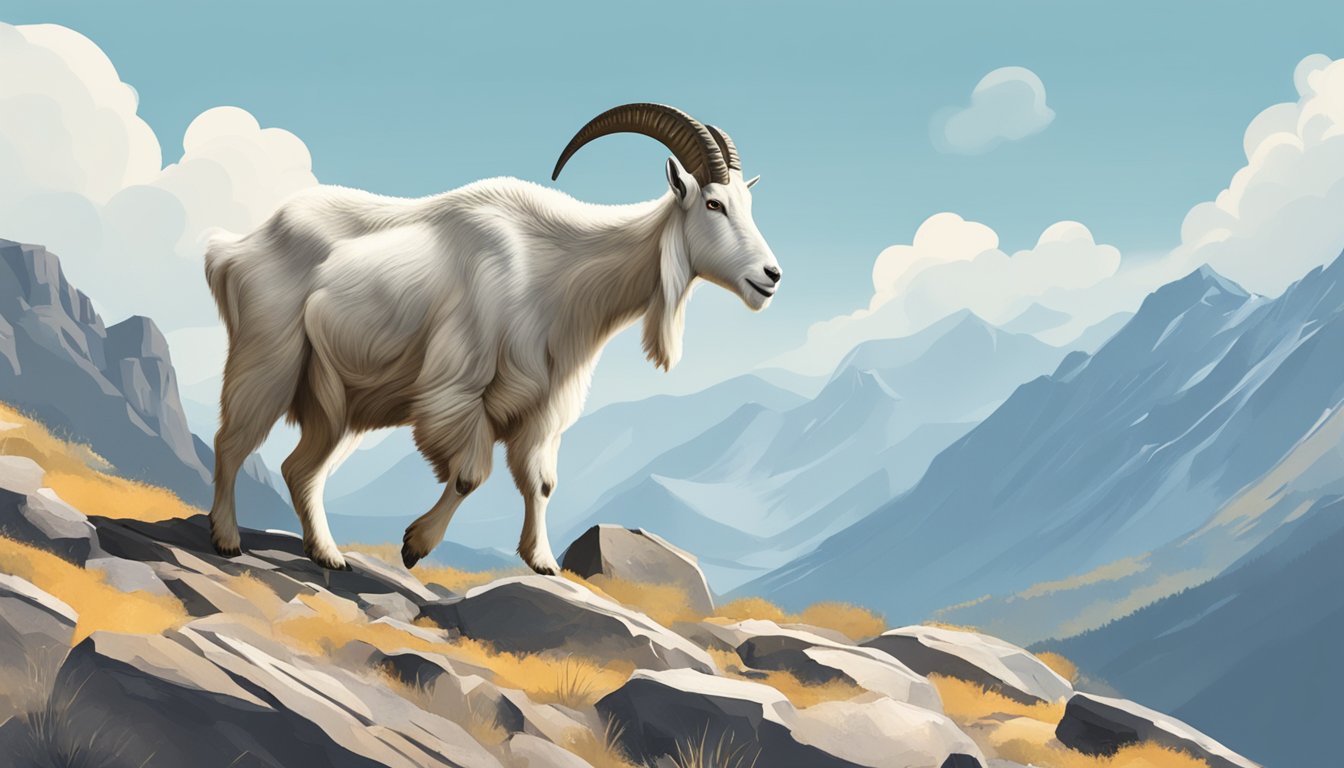 A mountain goat traversing rocky terrain under clear skies