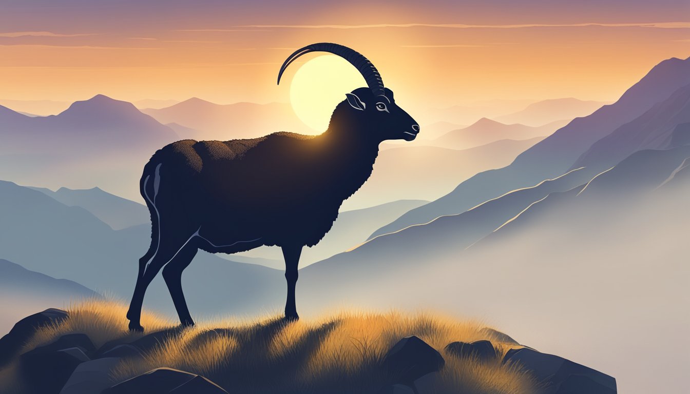 A misty morning in the rugged mountains, with the sun rising behind the silhouette of a lone mouflon sheep grazing on the rocky terrain