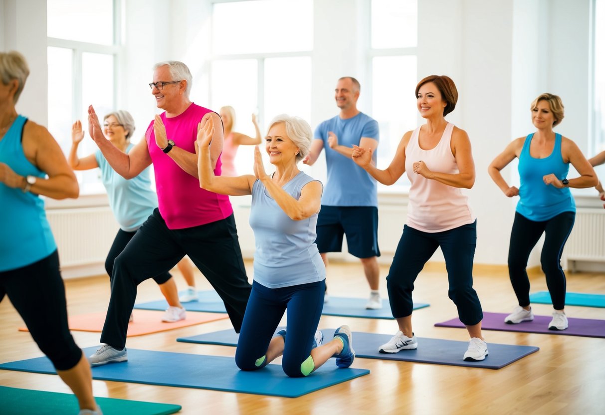 A group of people of varying ages and abilities are participating in a low-impact aerobics class, led by an instructor in a bright and spacious studio