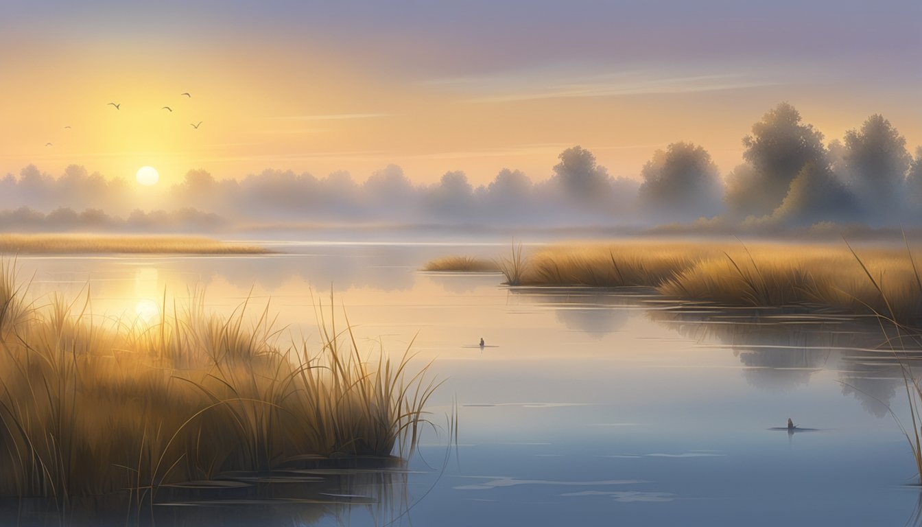 A misty morning by a tranquil river, with muskrat traps set along the water's edge. The sun rises, casting a golden glow over the marshland