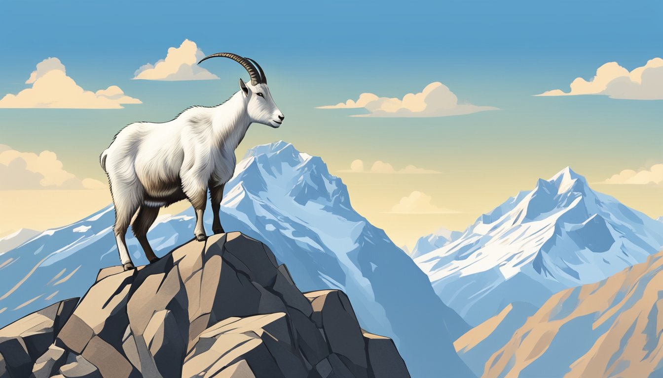 A mountain goat perched on a rocky cliff, with snow-capped peaks in the background and clear blue skies overhead