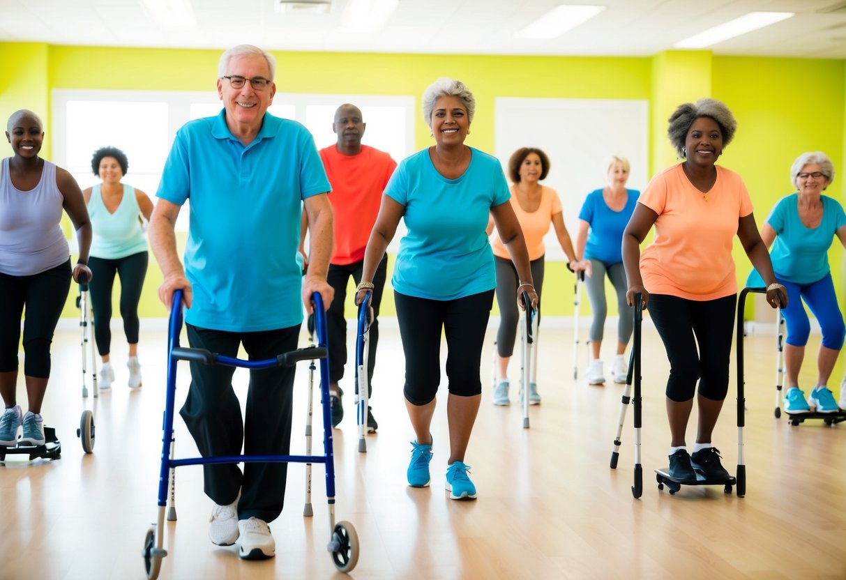 A group of diverse individuals, some using canes or walkers, participate in a low-impact aerobics class in a bright, spacious studio