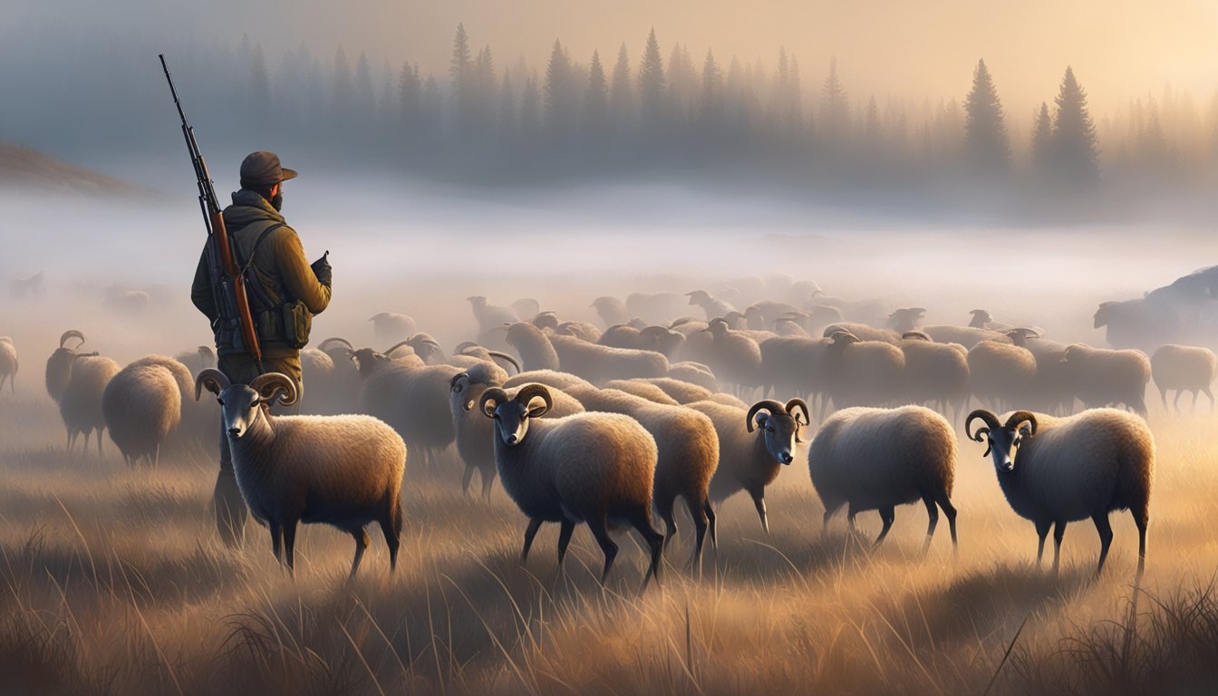 A hunter patiently waits in the early morning fog, rifle in hand, as a group of mouflon sheep graze in the distance