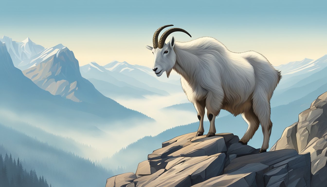 A mountain goat perched on a rocky cliff, surrounded by misty mountains and a clear blue sky