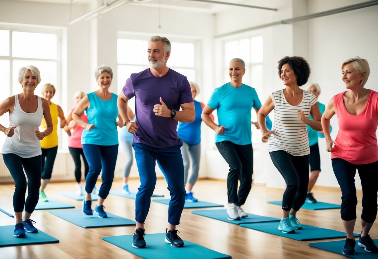 A group of people of various ages and abilities are engaged in a low-impact aerobics class, led by an instructor in a bright and spacious studio