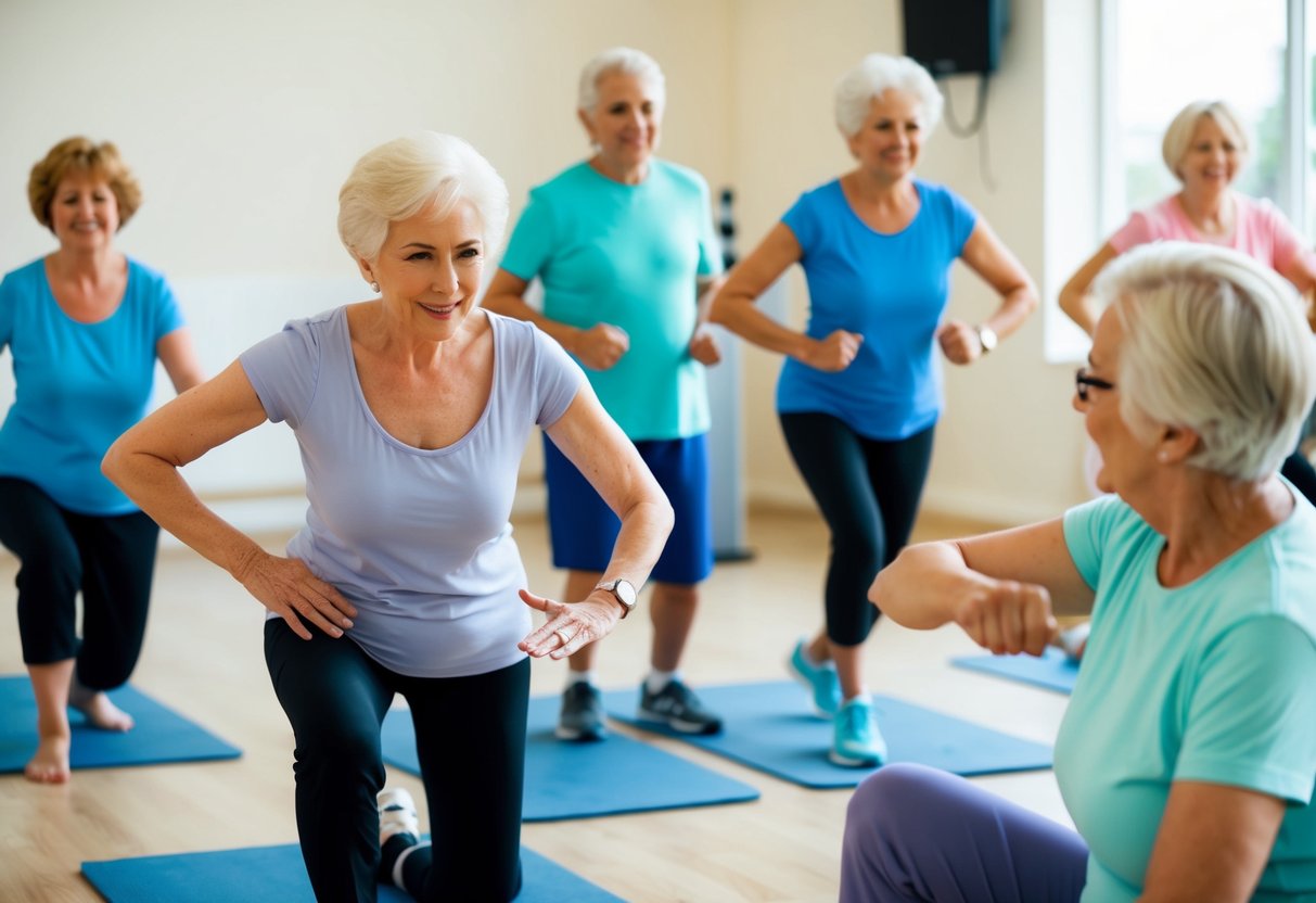 A group of people of various ages and abilities are participating in a low-impact aerobics class. The instructor leads the group in gentle exercises designed to keep them active while managing osteoarthritis