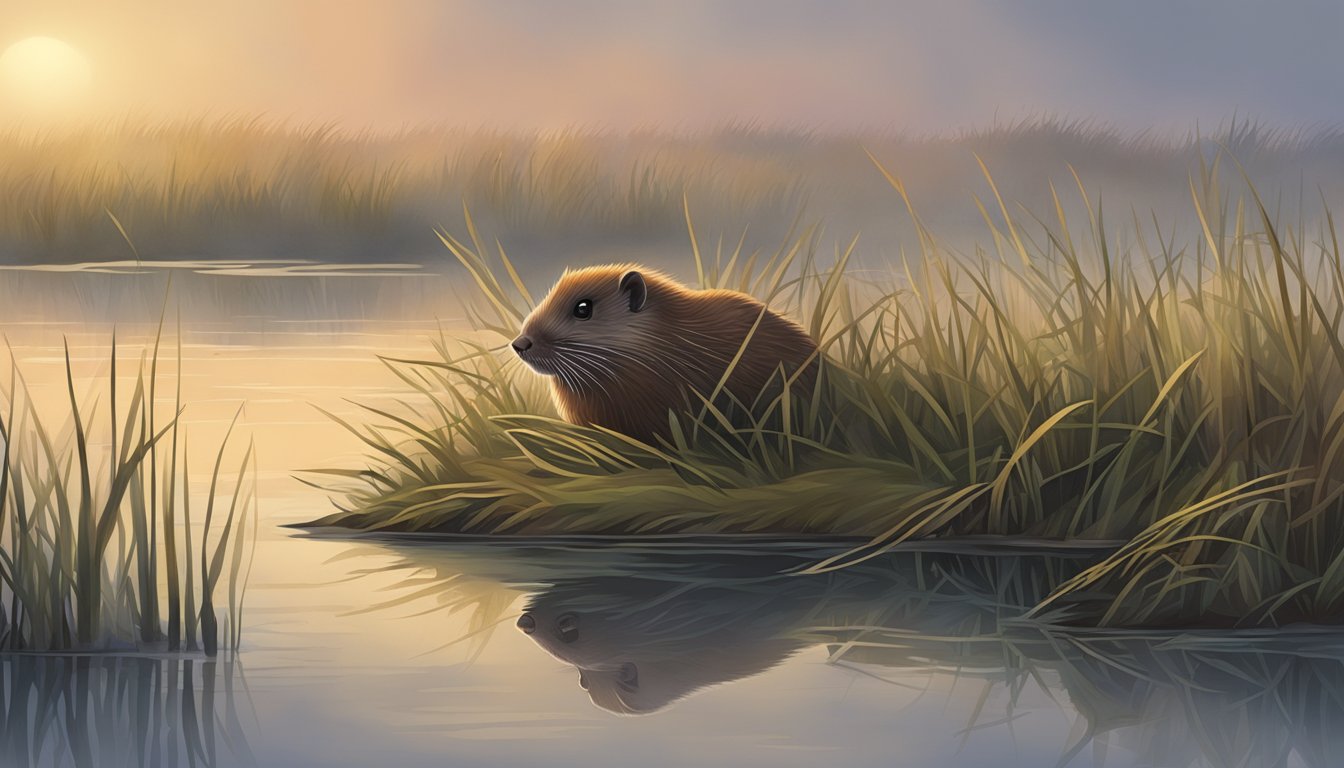 A misty marsh at dawn with a muskrat peeking out from a burrow