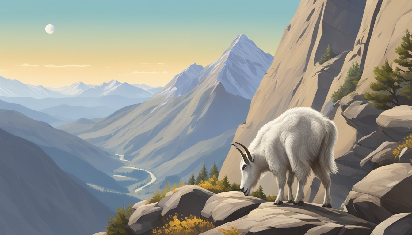 A rugged mountain landscape with a clear, sunny sky, showcasing a mountain goat perched on a rocky outcrop, with the surrounding wilderness in the background