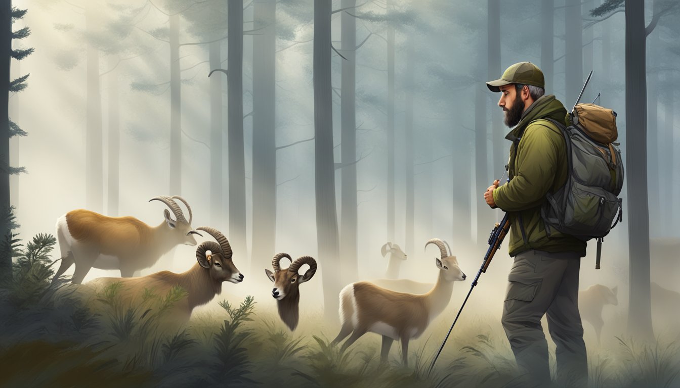 A hunter stalking a trophy mouflon in a misty forest clearing