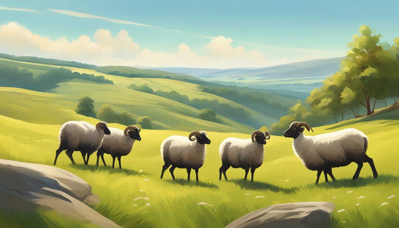 A sunny day with clear skies and a gentle breeze, showcasing the picturesque landscape of rolling hills and lush greenery, with a group of mouflon sheep grazing peacefully in the distance