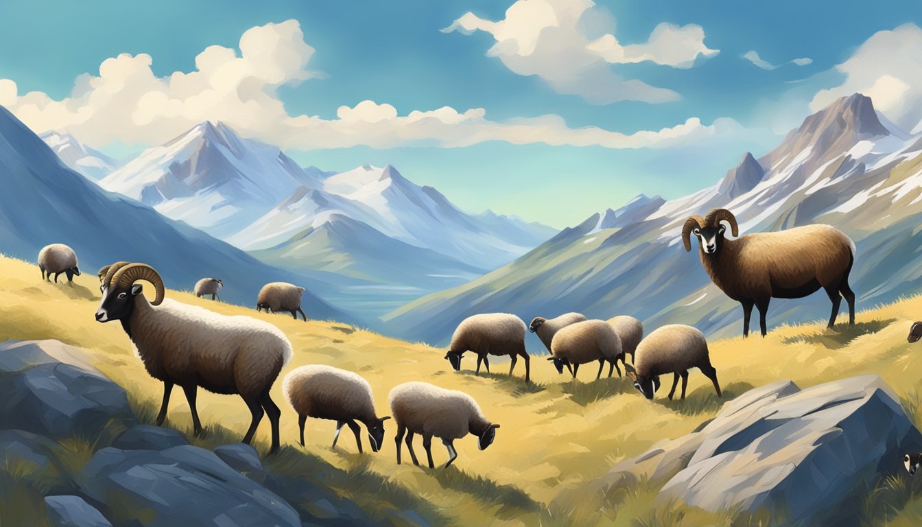 A rugged mountain landscape with a clear blue sky, scattered clouds, and a group of Mouflon sheep grazing on the grassy slopes