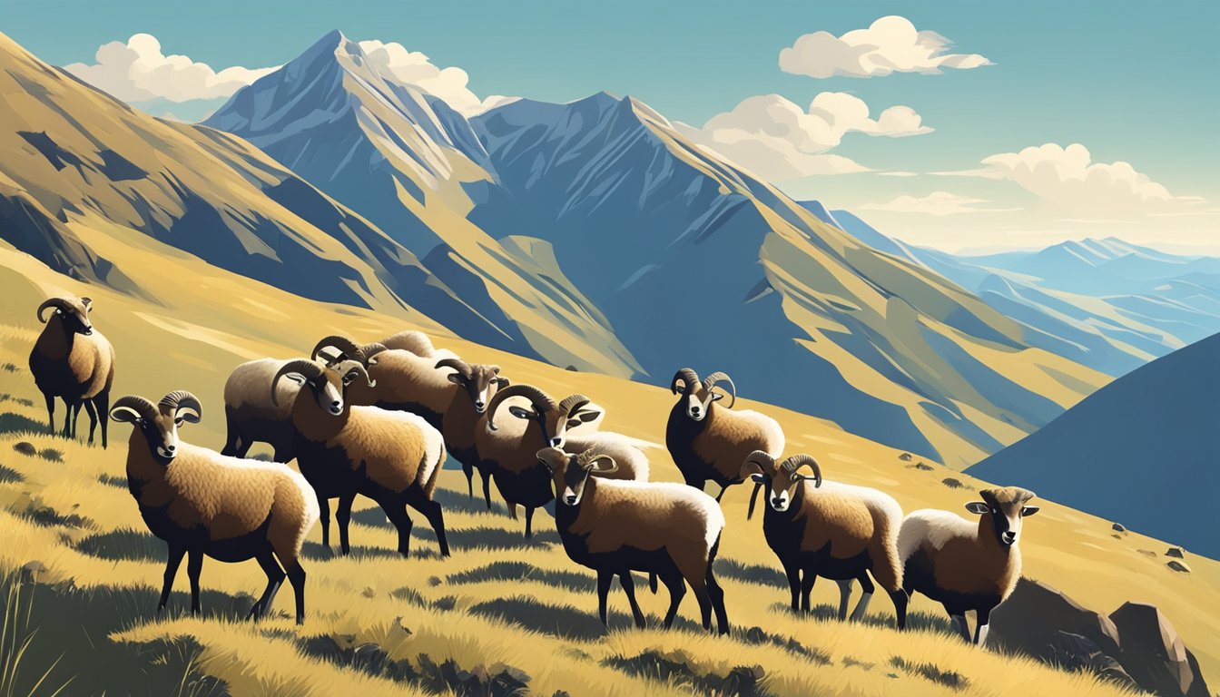 Mouflon sheep grazing on a sunlit hillside, surrounded by rugged mountains and a clear blue sky