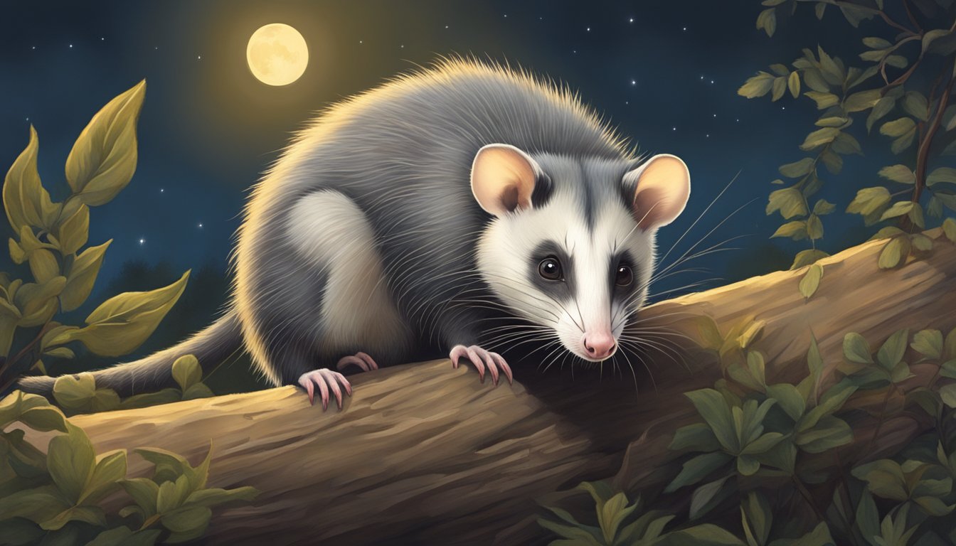 An opossum emerges from its den at dusk, sniffing the air for insects and small animals. The moon casts a soft glow, creating the perfect ambiance for opossum hunting