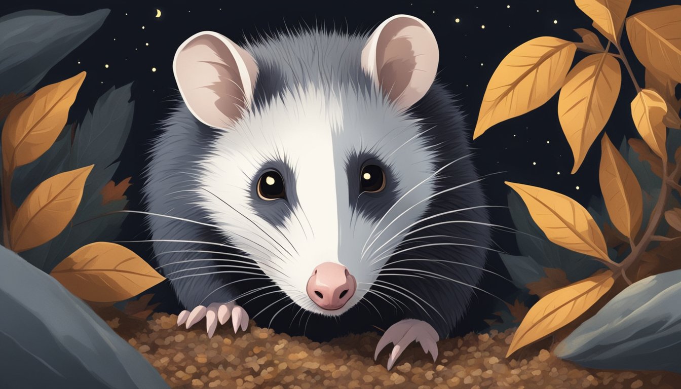 An opossum emerges from its den under a clear, moonlit sky, foraging for food in the cool, still air of a crisp autumn night