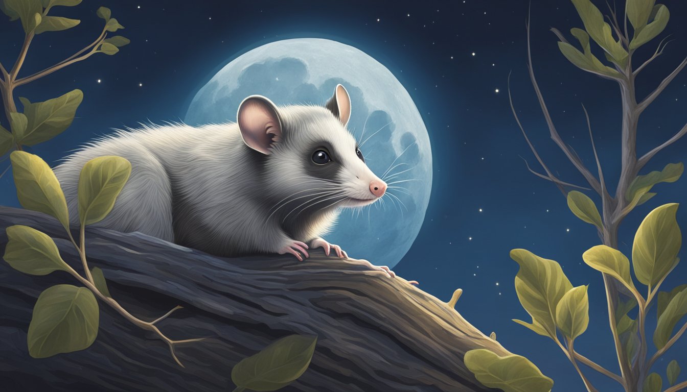 A full moon illuminates the night sky as an opossum emerges from its den, searching for food in the cool, crisp air