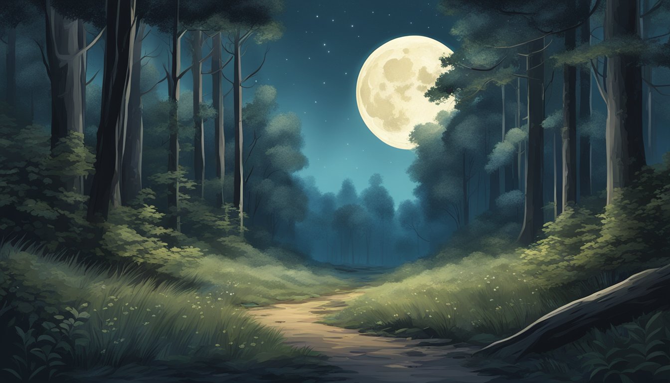 A moonlit forest clearing with a gentle breeze, clear skies, and a faint scent of damp earth