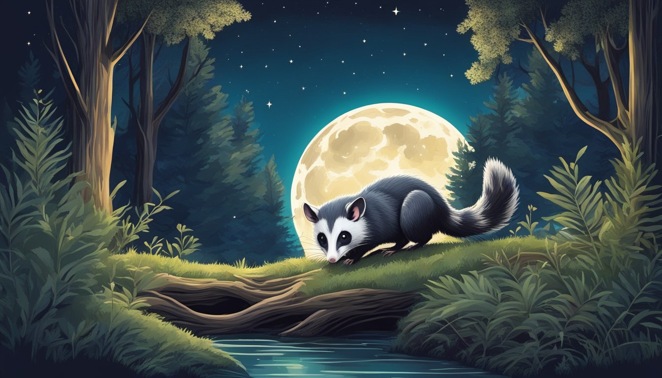 A moonlit forest clearing with dense foliage and a small creek, as an opossum emerges from a burrow, under a clear starry sky