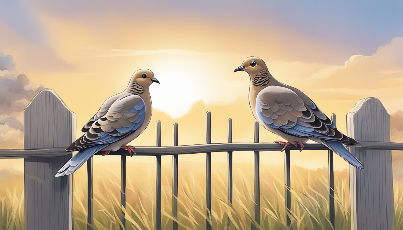 A sunny morning with clear blue skies, a gentle breeze, and scattered clouds. A pair of mourning doves perched on a fence, cooing softly