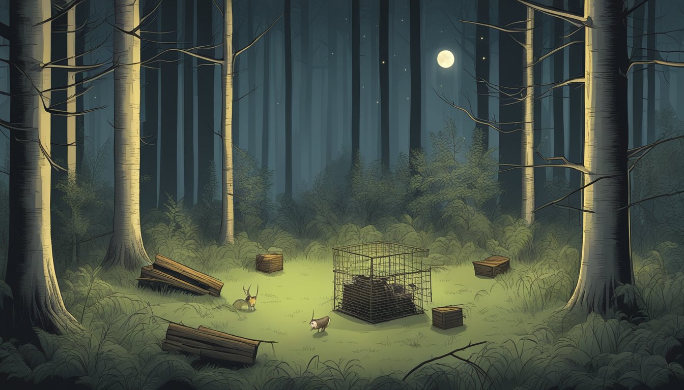 A moonlit forest clearing with strategically placed traps and bait for opossum hunting