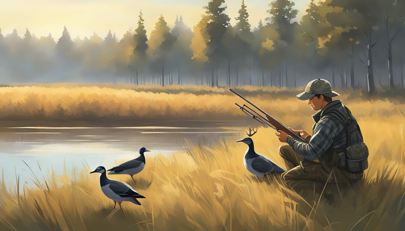 A clear, sunny morning with a gentle breeze, a hunter setting up decoys in a field near a wooded area