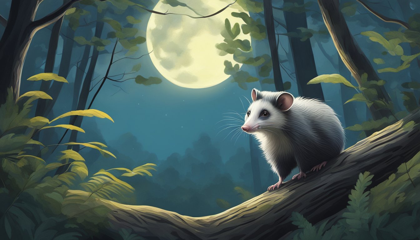 A moonlit forest clearing with a gentle breeze, where an opossum cautiously emerges from its hiding spot among the trees