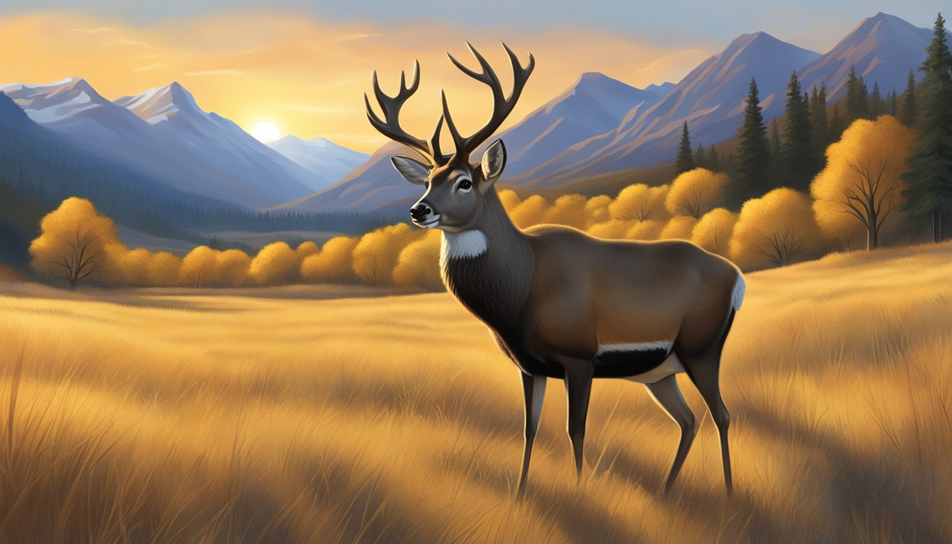 Mule deer grazing in a golden meadow, as the sun sets behind the mountains, casting a warm glow on the landscape