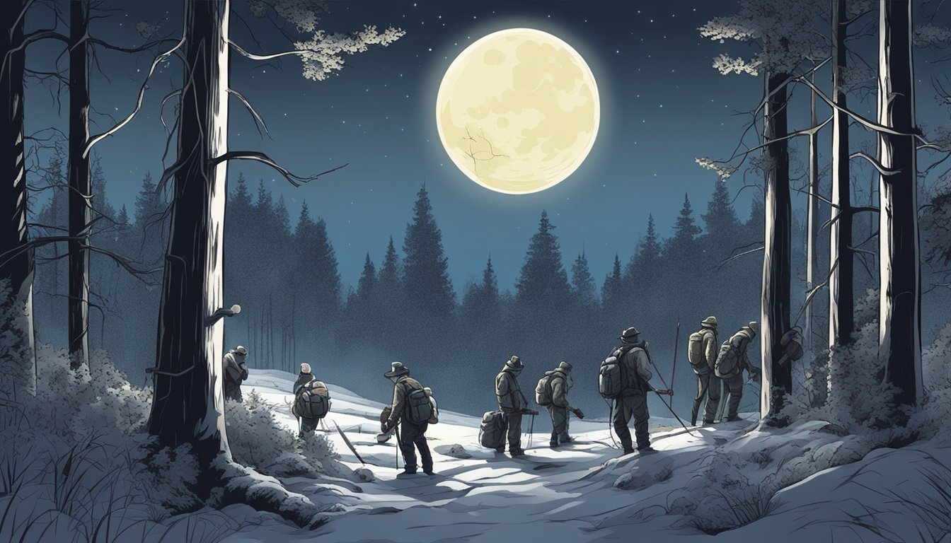 A moonlit night in the forest, with tall trees and bushes. A group of opossum hunters are setting up their gear and preparing for the hunt