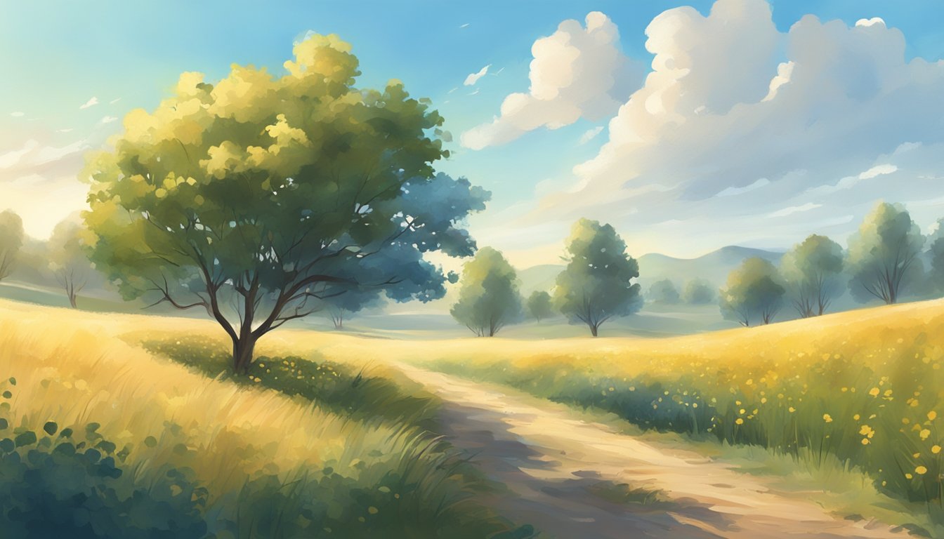 A sunny morning with clear blue skies, gentle breeze, and scattered clouds, set in a rural field with sparse trees and bushes