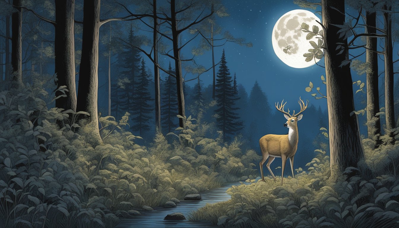 A moonlit forest with a clear sky, showcasing a whitetail deer and an opossum hunting for food in the underbrush