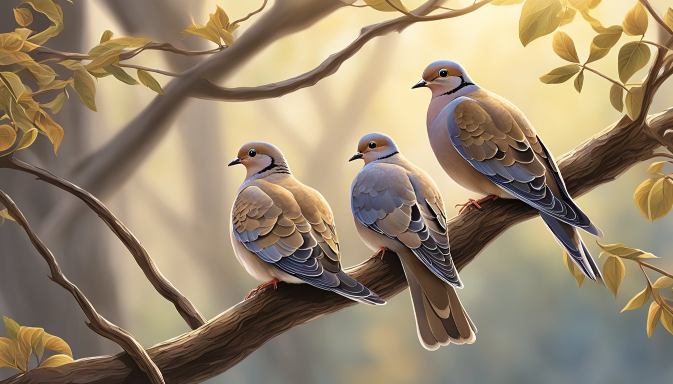 Mourning doves perched on sunlit branches in a peaceful, rural setting