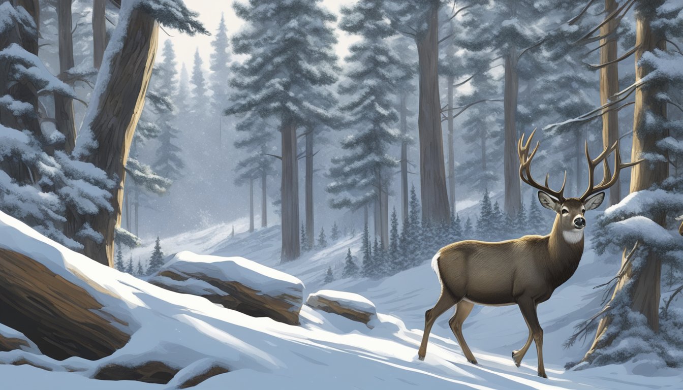 A mule deer cautiously navigating through a snowy forest, its breath visible in the cold air, while a hunter waits patiently nearby