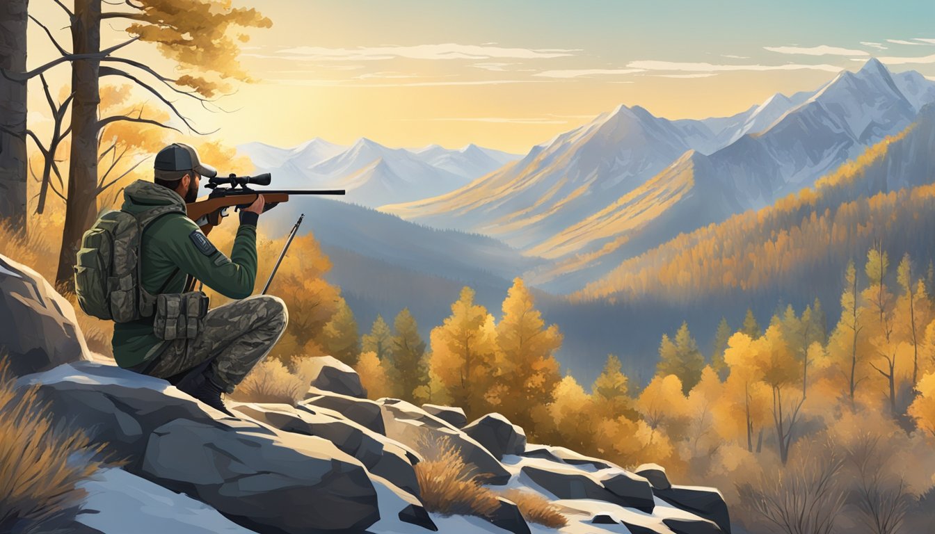 A clear, crisp morning in the mountains. A hunter stands ready with a rifle, binoculars, and camouflage gear, scanning the horizon for mule deer