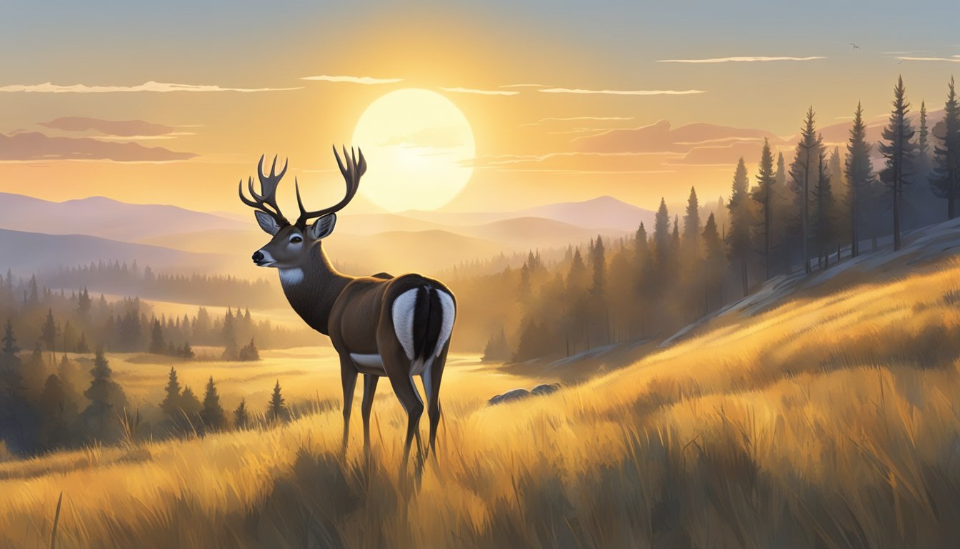 Mule deer grazing in a meadow at dawn, with the sun rising and casting a warm golden glow over the landscape