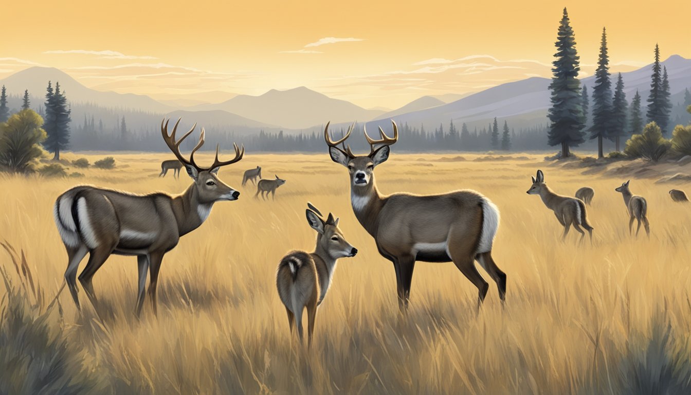 A mule deer cautiously grazing in a meadow, while a pack of coyotes lurk in the distance, their eyes fixed on the deer