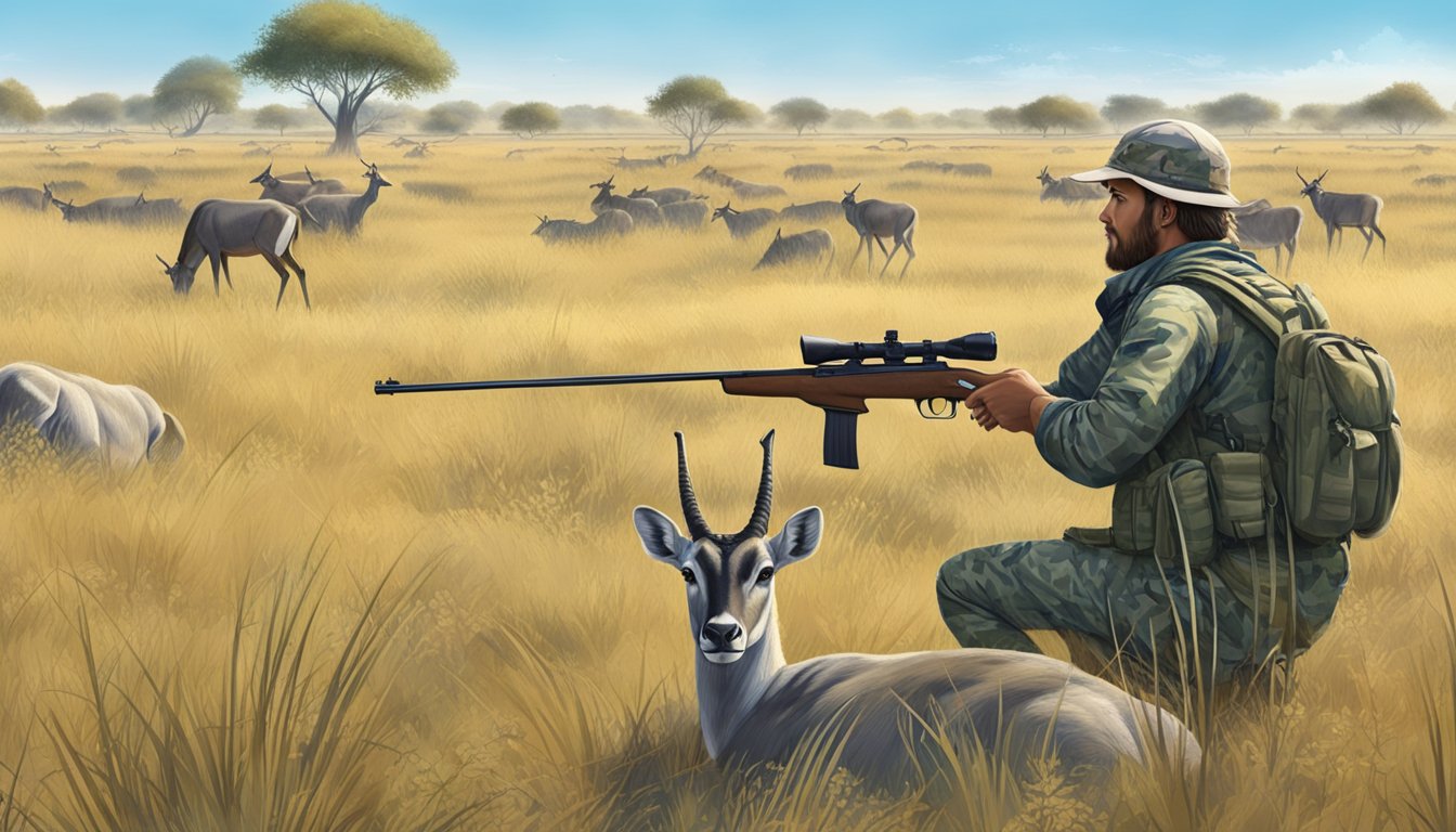 A hunter in camouflage waits in a grassy field, rifle at the ready, as a herd of nilgai antelope graze nearby under a clear blue sky