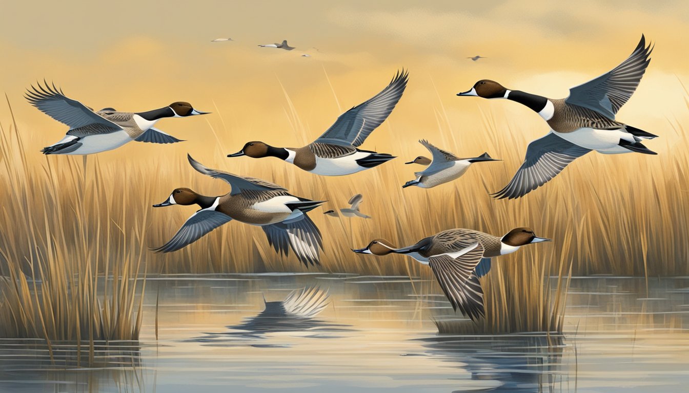 Pintails flying over marshland on a crisp, sunny day. Tall grasses and shallow water provide ideal hunting locations