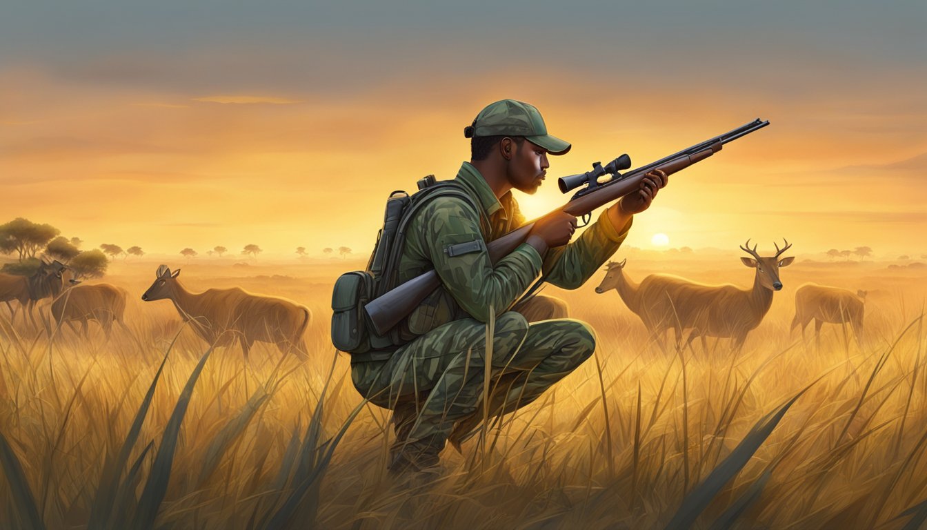 A hunter in camouflage gear crouches behind tall grass, rifle aimed towards a distant herd of nilgai antelope grazing under the golden sunset