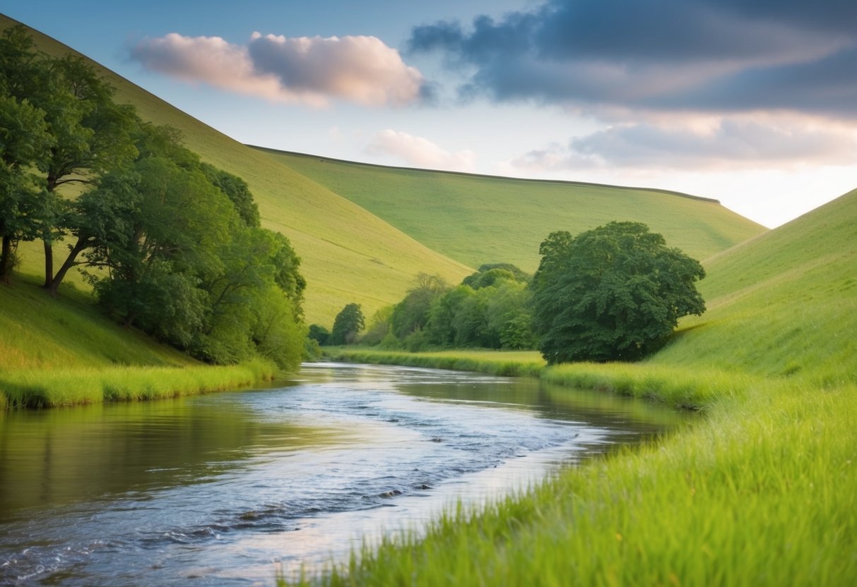 A serene, nature-filled setting with a calm, flowing river and gentle, green hills, conveying a sense of peace and relaxation