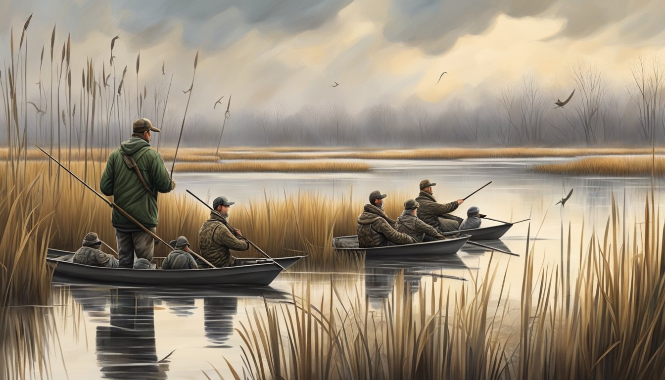 A marshy wetland with tall reeds and waterfowl decoys set up, as a group of hunters patiently wait in their blinds for pintail ducks on a cloudy, windy day