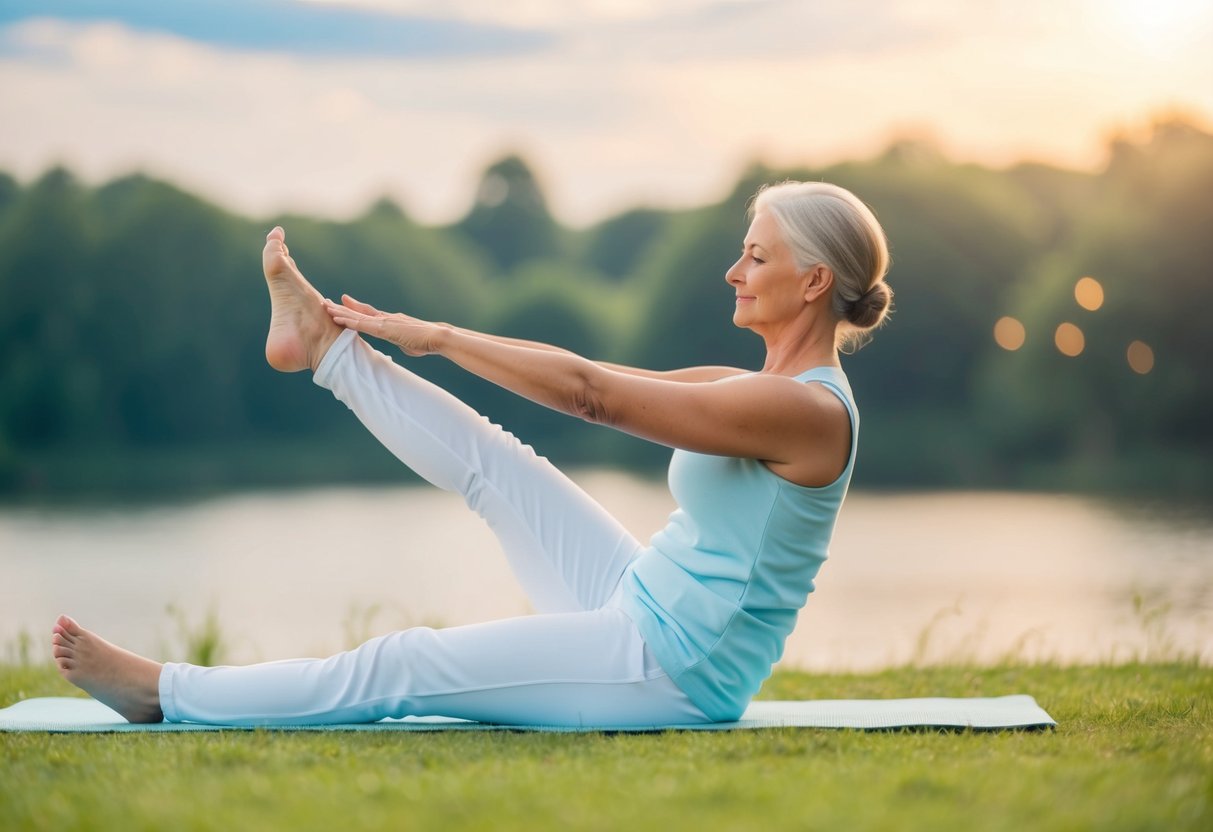 A serene figure in a peaceful setting, engaging in gentle stretching exercises to relieve osteoarthritis discomfort