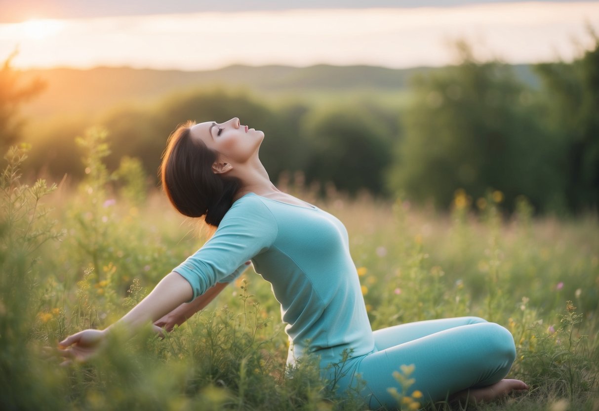 A serene figure surrounded by nature, gently stretching limbs in a peaceful, open space