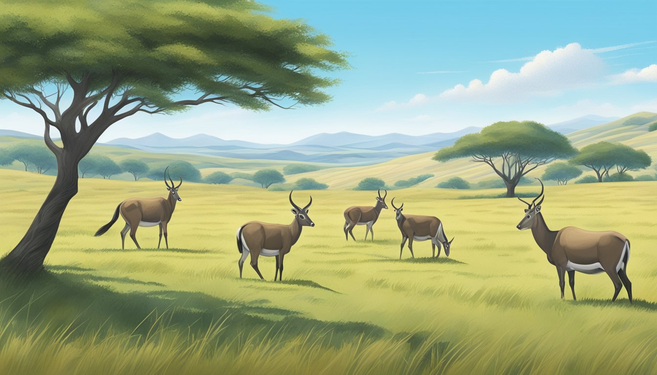 Open grassy plains with rolling hills, scattered trees, and a clear blue sky. A group of nilgai antelope grazing in the distance