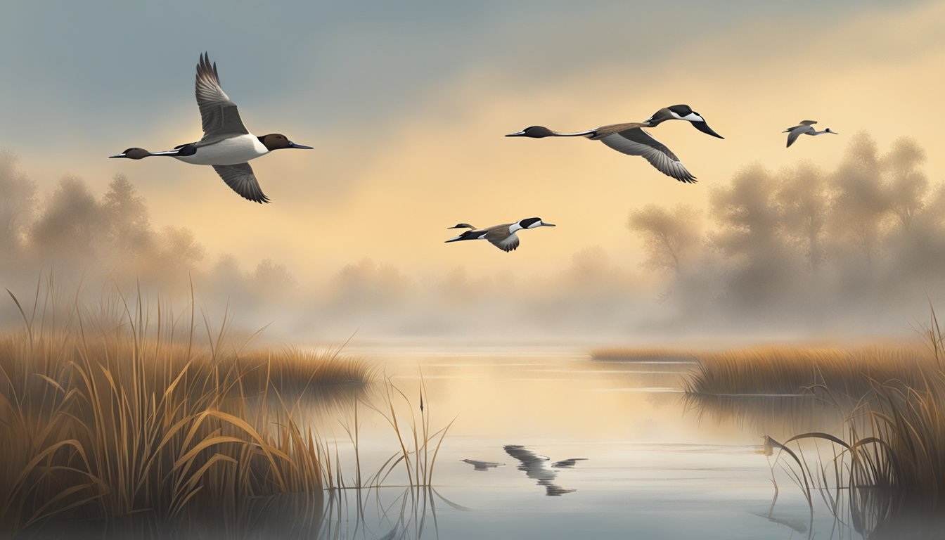 A misty morning marsh with pintails flying low over calm water