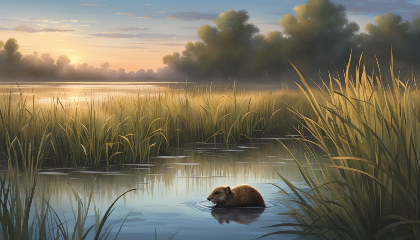 A marshy wetland at dusk, with tall grasses and a calm river, where a nutria emerges from the water to forage