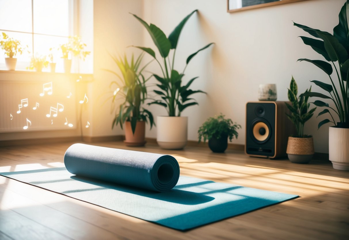 A serene, sunlit room with a yoga mat on the floor, surrounded by plants and soft music playing in the background