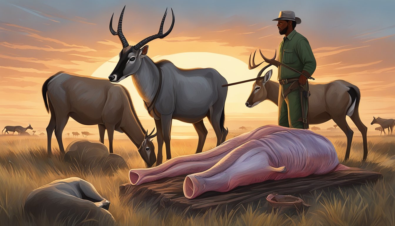 Sunset over grassy plains, nilgai antelope carcass being skinned and butchered by hunters