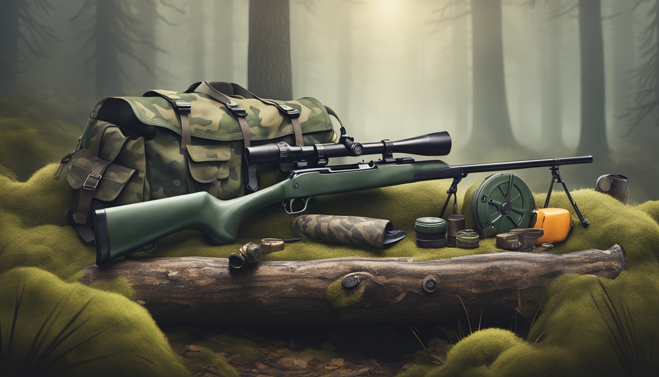 A hunter's gear laid out on a mossy log, with a shotgun, camouflage jacket, waders, and decoys, under the soft light of a misty morning