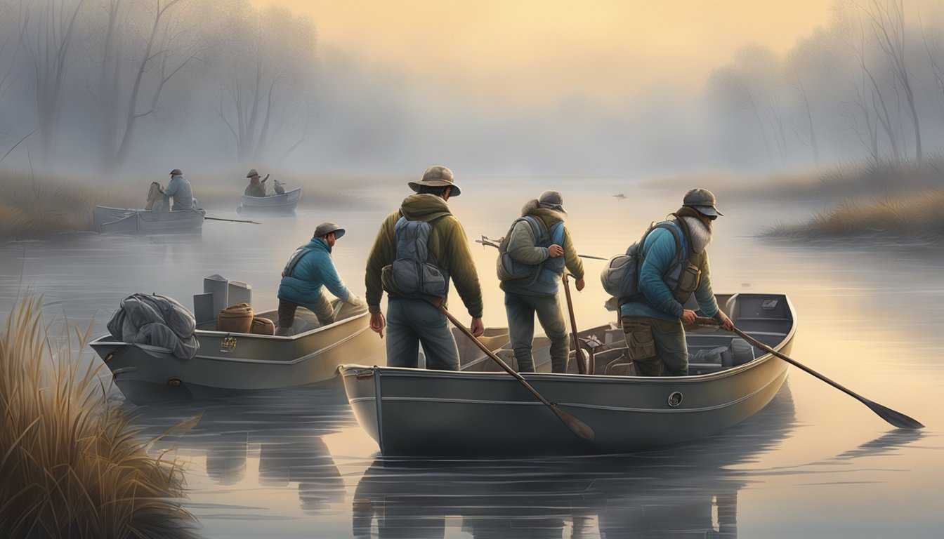 Nutria hunters loading boats with gear on a foggy morning