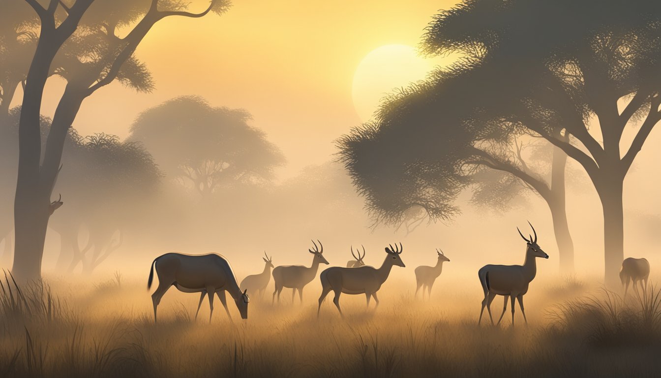 A misty morning in a grassy savanna, with a group of nilgai antelope grazing peacefully under the golden light of the rising sun