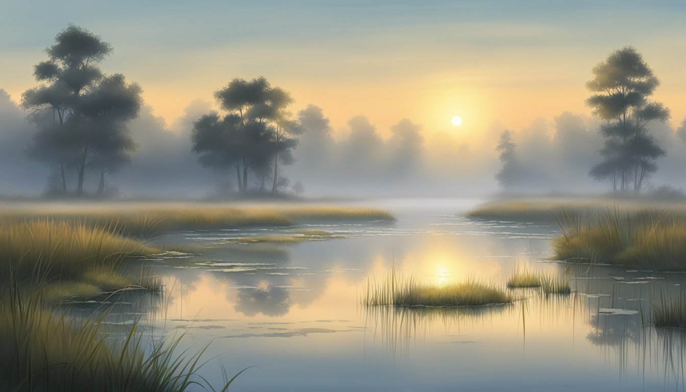 A foggy morning on the edge of a marsh, with dew-covered grass and still waters reflecting the early light